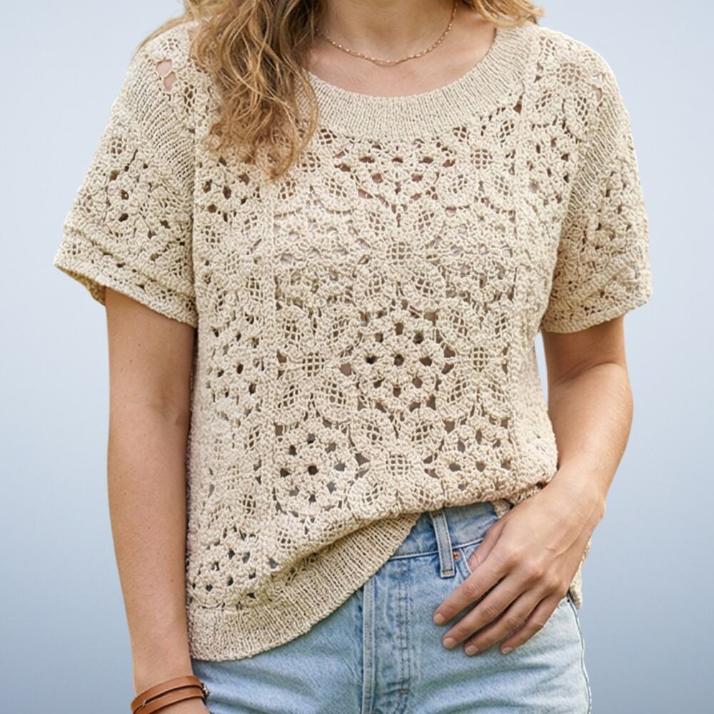 Solitaire Cream Crochet Floral Lace Short Sleeve Boho Festival Top XL